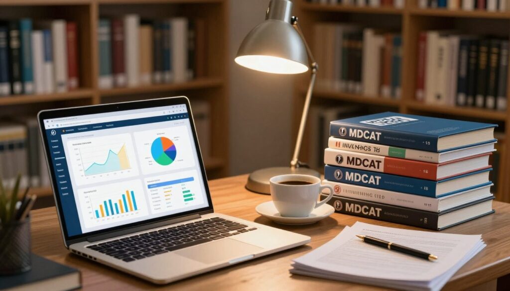 A dynamic digital workspace showcasing online resources for MDCAT preparation. In the foreground, a sleek laptop is open, displaying an interactive study platform with colorful graphs and statistics. To the right, a stack of neatly organized textbooks and study materials related to MDCAT, all in professional business attire, are visible. In the middle, an elegant desk lamp casts a warm glow, illuminating notes and a cup of coffee, enhancing a studious atmosphere. The background features a cozy library with bookshelves filled with medical reference books, creating a scholarly ambiance. Soft, focused lighting enhances clarity and focus, while a slightly blurred background conveys depth, evoking an atmosphere of motivation and diligence.