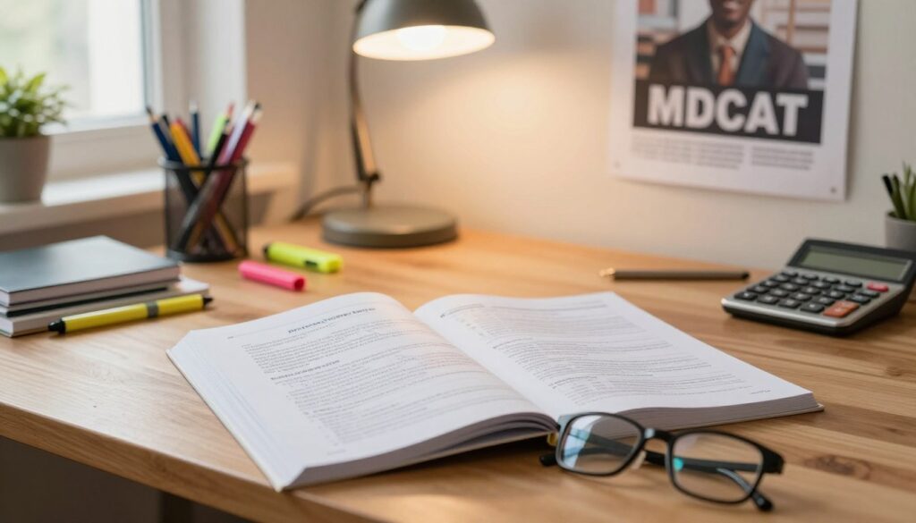 A detailed MDCAT test guide laid open on a wooden desk, surrounded by neatly organized stationery, including pens, highlighters, and a calculator. In the foreground, a pair of reading glasses rests on the guide, emphasizing the study concept. The middle ground features a softly lit desk lamp casting warm light, while a motivational poster about academic success hangs on the wall in the background. Natural light filters in from a nearby window, creating a bright and focused atmosphere suitable for studying. The overall mood is calm, conducive to concentration and learning, with a sense of purpose and determination to excel in the MDCAT test. The scene should evoke a feeling of readiness and strategic preparation for the exam.