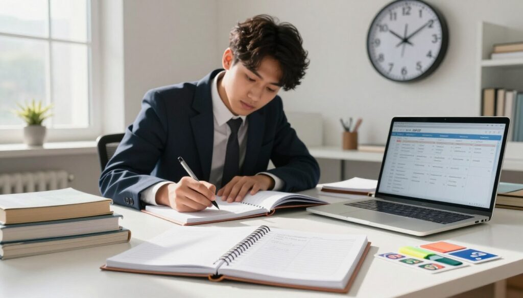 An organized study space depicting a "MDCAT Preparation Plan" for students preparing for the Pakistan test. In the foreground, a wooden desk is strewn with open textbooks, colorful notes, and a laptop displaying a study schedule. A coffee cup and a highlighter are placed nearby. In the middle, an inspirational wall filled with educational posters of medical concepts and motivational quotes. The background features a bookshelf with additional study materials, all under warm, natural light flooding in from a nearby window. The atmosphere conveys focus and determination, with a sense of calm readiness for exam success. The image should have a slight depth of field, emphasizing the desk while softly blurring the background elements.