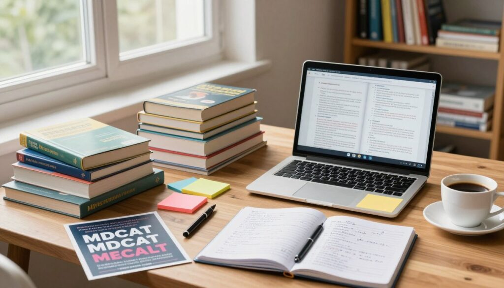A well-organized study space for MDCAT preparation, featuring a wooden desk with neatly stacked subject-specific books, a laptop displaying an open study guide, colorful sticky notes, and a cup of coffee. In the foreground, there’s a motivational poster related to exam success and a pen lying next to an open notebook filled with handwritten notes. The middle ground shows a large window with natural light streaming in, creating a warm and inviting atmosphere. In the background, a bookshelf filled with medical textbooks and resources. The mood is focused and determined, reflecting a serious and conducive study environment. The lighting is bright and soft, enhancing the organized yet vibrant feel of the space, shot from a slightly elevated angle to showcase the entire setup effectively.